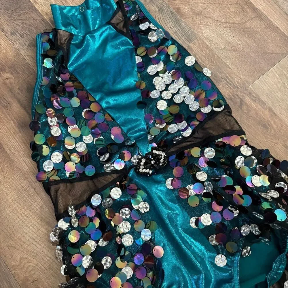 A Wish Come True 21658X XLC Teal Blue Metallic Black Mesh Silver Dance Costume